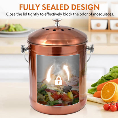 ENLOY Compost Bin for Kitchen Countertop, 1.3 Gallon Matte Copper Stainless Steel Compost Bucket with Lid, Odorless Food Waste Bucket with 2 Charcoal Filters, Indoor Compost Pail with SOFT-GRIP Handle