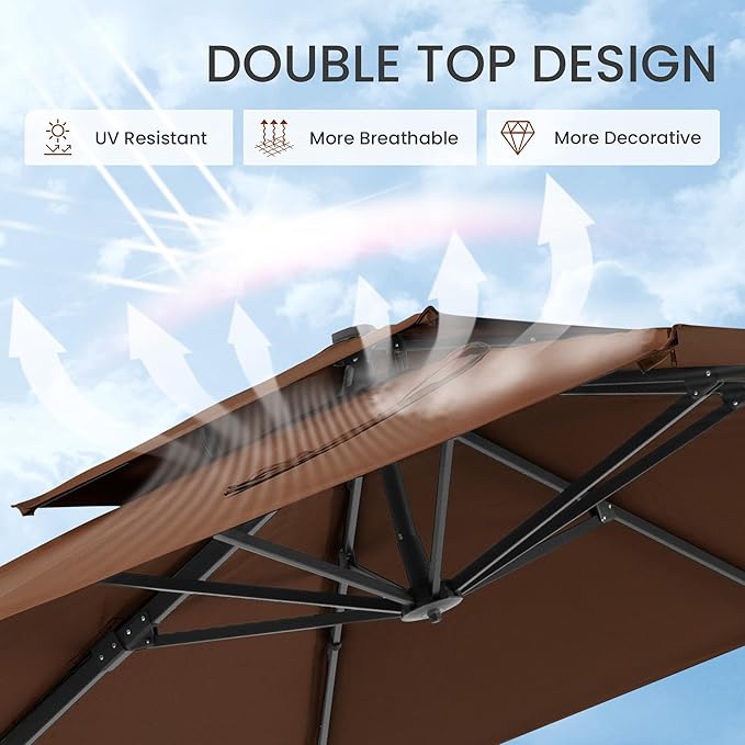 10x10 FT Cantilever Patio Umbrella Double Top Outdoor Square Large Heavy Duty Aluminum Offset Umbrellas with 7 Level Tilt 360-degree Rotation for Pool Garden Deck, Brown