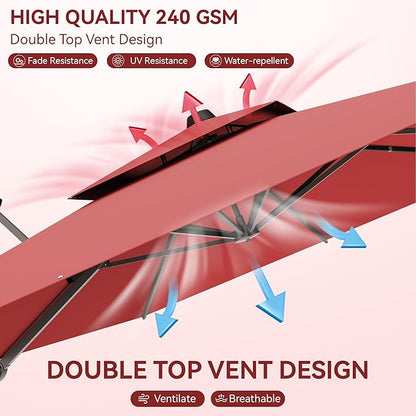 9x12 FT Patio Umbrella with base, Large Cantilever Rectangular Double Top Heavy Duty Offset Umbrellas with 360° Rotation, Outdoor shade for Garden Deck Pool, Red
