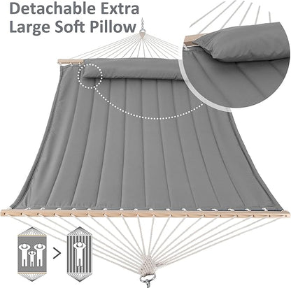 SUNCREAT Portable Double Hammock with Hardwood Spreader Bar, Extra Large Outdoor Hammock with Soft Pillow, 475 lbs Capacity, Light Gray