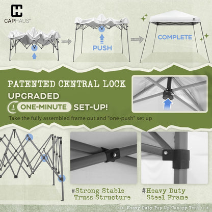 CAPHAUS One-Push Pop Up 8x8 Canopy Tent, Heavy-Duty Commercial Grade with Central Lock, Portable Instant Folding Shelter with10x10 Base, Perfect for Outdoor Beach Canopy, White