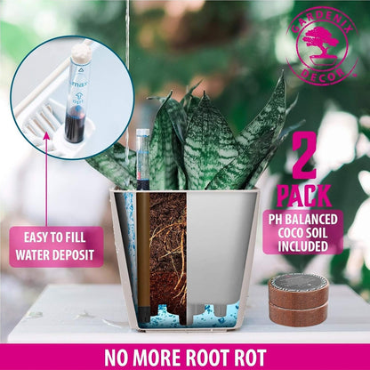 GARDENIX DECOR 5" Self Watering pots for Indoor Plants - Flower Pot with Water Level Indicator for Plants, Grow Tracking Tool - Self Watering Planter Plant Pot – 2 Pack White