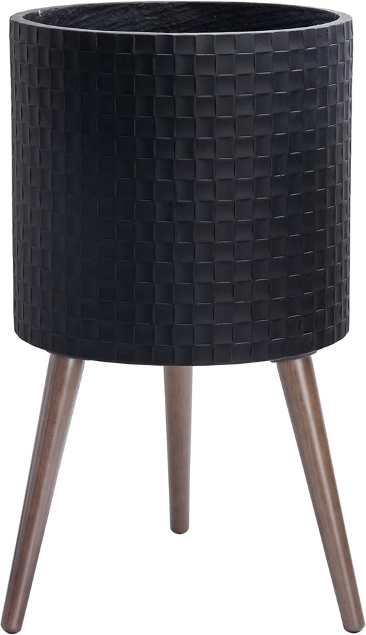 D'vine Dev 14 Inch Modern Geometric Tile Patterned Sleek Planter Pot with Stand, Indoor Outdoor Decorative Plant Holder, Matte Black, 88-Z-D-2