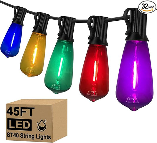 45Ft Multicolor Outdoor String Lights, ST40 Vintage Patio Lights with 32 LED Dimmable Edison Bulb (2 Spare), Christmas Colorful String Lights for Outdoor Patio Bistro Gazebo Pergola Backyard
