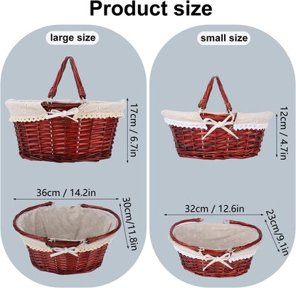 2 Pack Brown Wicker Basket with Linen Lining, 14 & 12 Inch Wicker Woven Picnic Basket with Handle for Picnic, Camping, Outdoor Party