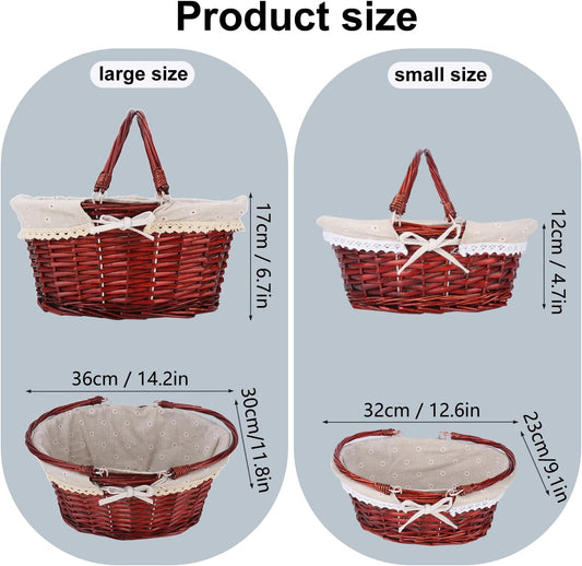 2 Pack Brown Wicker Basket with Linen Lining, 14 & 12 Inch Wicker Woven Picnic Basket with Handle for Picnic, Camping, Outdoor Party