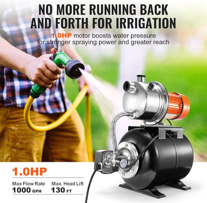 VEVOR 1 HP Shallow Well Pump with Pressure Tank, 1000 GPH, Automatic Irrigation Water Booster Pump with 130 ft Head Lift 20/40 PSI Pressure Switch, 304 Stainless Steel Pump Head for Home Garden Lawn