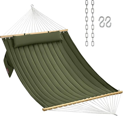 Double Quilted Fabric Hammock with Hardwood Spreader Bars and Pillow 450 LBS Capacity 2 Person Large Hammock for Outdoor Patio Backyard Poolside - Green