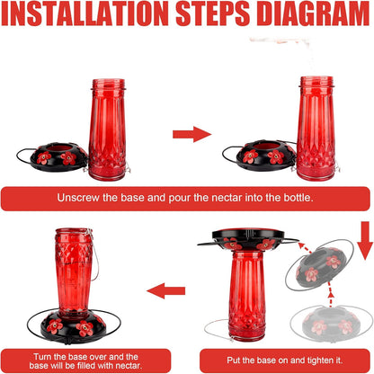 Hummingbird Feeder-16 Ounces，6 Feeding Ports Glass Hummingbird feeders for Outdoors,Wide Mouth for Easy Filling/Cleaning，Hanging for Garden Backyard Decor, Includes Ant Moat (Red)