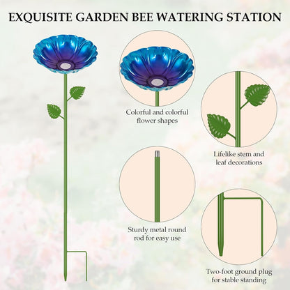 Bee Watering Station for Garden, 4 Pack Bee Drinking Station with Heart-Shaped Flower, Metal Butterfly Feeder Bee Baths for Outdoor Garden Yard Decor (Blue,Yellow)