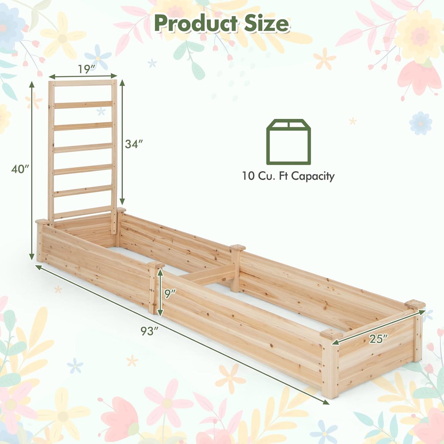 HAPPYGRILL Raised Garden Bed with Trellis, Wooden Garden Box with Divided Space for Vegetables, Flowers, Fruits, Climbing Plants, Outdoor Elevated Planter Box for Yard Patio, 93”L x 25”W x 40”H