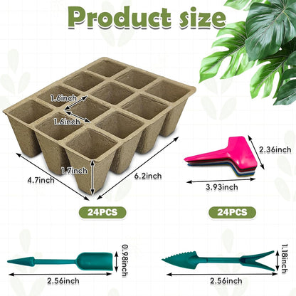 PINVNBY 288 Cells Seed Starter Tray 24 Packs Biodegradable Peat Pots for Seedlings Disposable Seedling Starter Trays with 24 Labels and 2 Transplant Tools for Indoor Outdoor Garden