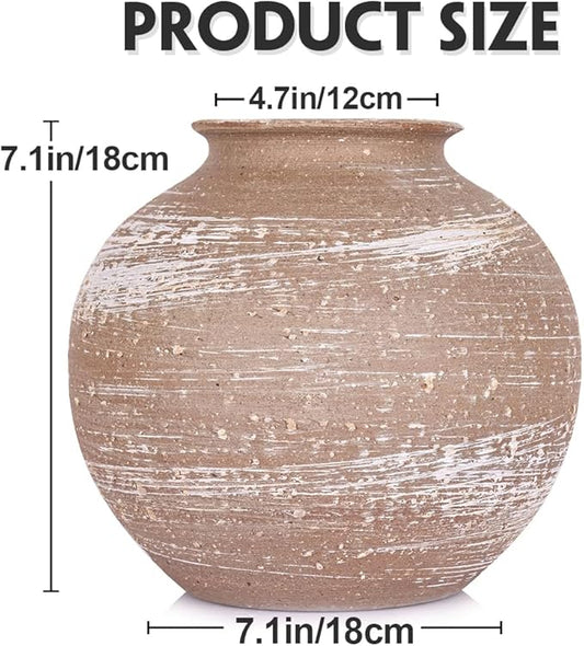 Rustic Terracotta Vase for Farmhouse Decor, Large Round Ceramic Vases for Home Decor, Wide Mouth Brown Clay Jug, Vintage Pottery Vases for Living Room, Kitchen, Table Centerpieces Rustic Home Decor