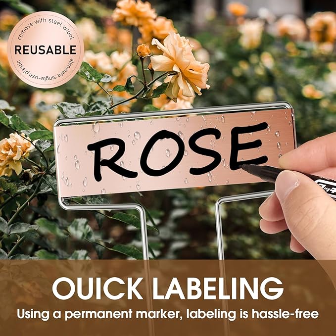 25PCS 10" Copper Metal Plant Tags Plant Labels with 50Pcs Labels, Rainproof PET Film & 2 Permanent Pen, Weatherproof Banner Garden Markers, Marking Protection Seedling Signs Nursery Tags