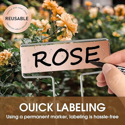 25PCS 10" Copper Metal Plant Tags Plant Labels with 50Pcs Labels, Rainproof PET Film & 2 Permanent Pen, Weatherproof Banner Garden Markers, Marking Protection Seedling Signs Nursery Tags