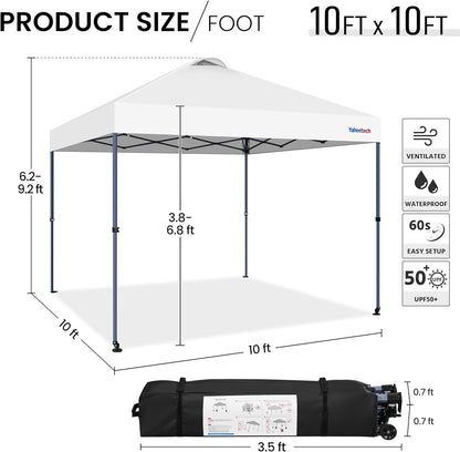 Yaheetech 10x10 Pop-up Canopy Tent w/ 2 Integrated Wheels for Mobility, Waterpoof & Heavy Duty, Instant Sun Shelter with Carry Bag, Weight Bags for Outdoor Camping Beach Patio Parties, White