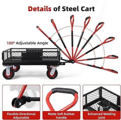 GarveeLife 360 LBS Foldable Steel Garden Cart, Yard & Garden Utility Wagon w Removable Mesh Sides, Collapsible Metal Utility Wagon Cart with 180° Rotating Handle for Garden, Farm, Yard