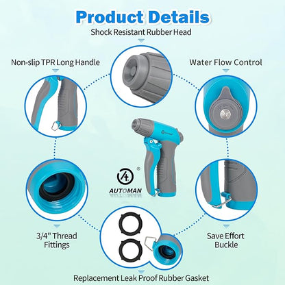 AUTOMAN Garden Hose Nozzle, 4 Adjustable Patterns Hose Sprayer, Heavy Duty High Pressure Water Hose Nozzle for Pets Bathing and Cleaning, Car Washing, Watering Plants in Lawn and Garden & Outdoor Fun.