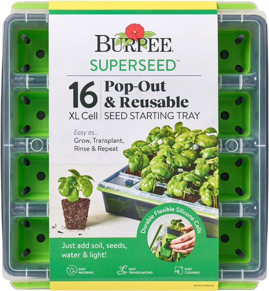 Burpee SuperSeed Seed Starting Tray | 16 XL Cell | Reusable & Dishwasher Safe | for Starting Vegetable Seeds, Flower Seeds & Herb Seeds | Indoor Grow Kit for Deep-Rooted Seedlings, Green