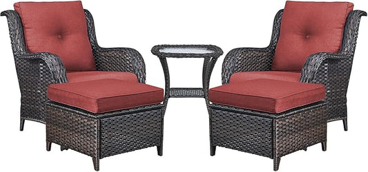Outdoor Patio Furniture Chairs Set - 5 Piece Wicker Rattan Patio Sectional Conversation Sets with 2 Armrest Chairs,2 Ottomans and 1 Side Table for Porch Deck Balcony Backyard Garden(Brown/Red)