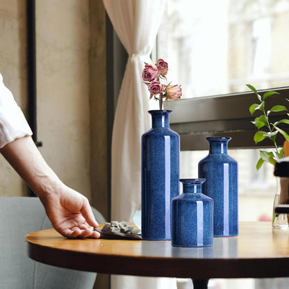 Blue Ceramic Vase Set of 3,Home Decorative Flower Vase,Small vase Set for Farmhouse Living Room Bedroom Tabletop Decor,Office Bookshelf Centerpiece Entrance Decoration