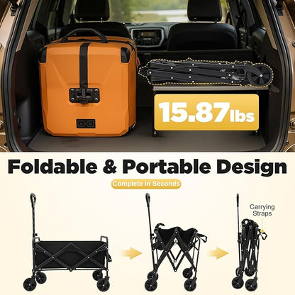 Foldable Wagon Cart with 5 Inch Rubber Wheels and Adjustable Handle Heavy Duty Collapsible Utility Cart for Garden Beach Camping and Shopping Large Capacity and Portable Design Black