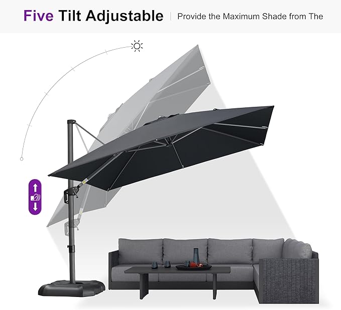 PURPLE LEAF 10 Feet Patio Umbrella Outdoor Cantilever Square Umbrella Aluminum Offset Umbrella with 360-degree Rotation for Garden Deck Pool Patio Black