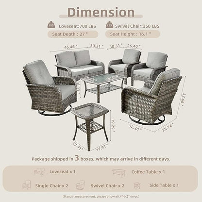 7-Piece Wicker Patio Furniture Set, All-Weather Rattan Conversation Bistro Loveseat Chair and Patio Rockers Set for Backyard, Balcony and Deck with Soft Cushions and Metal Table(Dark Gray)