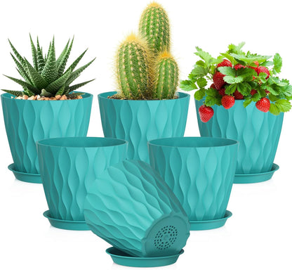 5 inch Plant Pots for Indoor Outdoor Plants, 6 Pack Flower Pots with Drainage Holes and Saucers, 3D Modern Wave Texture Small Plastic Planter Pots for Nursery and House Plants, Blue Green