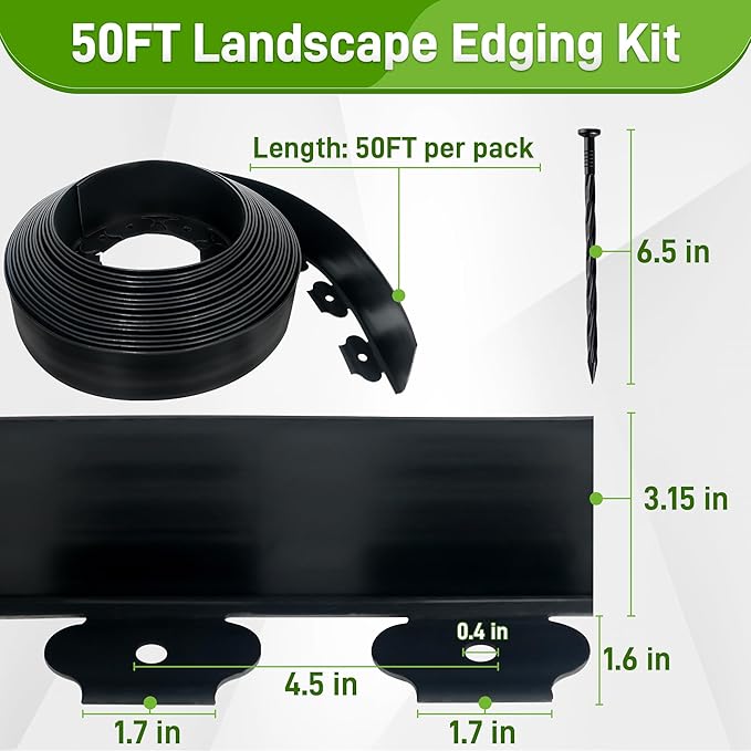 3.15" x 50' No Dig Landscape Edging, Plastic Garden Edging Borders with 45 Anchoring Spikes, Flexible Lawn Edging for Landscaping Garden Flower Beds Grass Yard Paver Pathway, Black