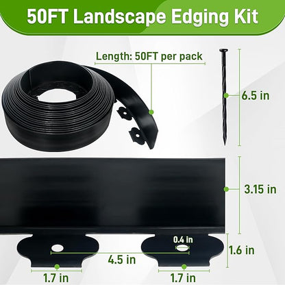 3.15" x 50' No Dig Landscape Edging, Plastic Garden Edging Borders with 45 Anchoring Spikes, Flexible Lawn Edging for Landscaping Garden Flower Beds Grass Yard Paver Pathway, Black