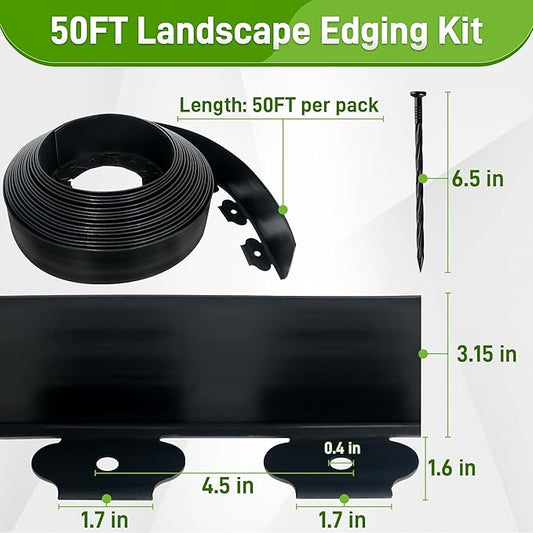 3.15" x 50' No Dig Landscape Edging, Plastic Garden Edging Borders with 45 Anchoring Spikes, Flexible Lawn Edging for Landscaping Garden Flower Beds Grass Yard Paver Pathway, Black