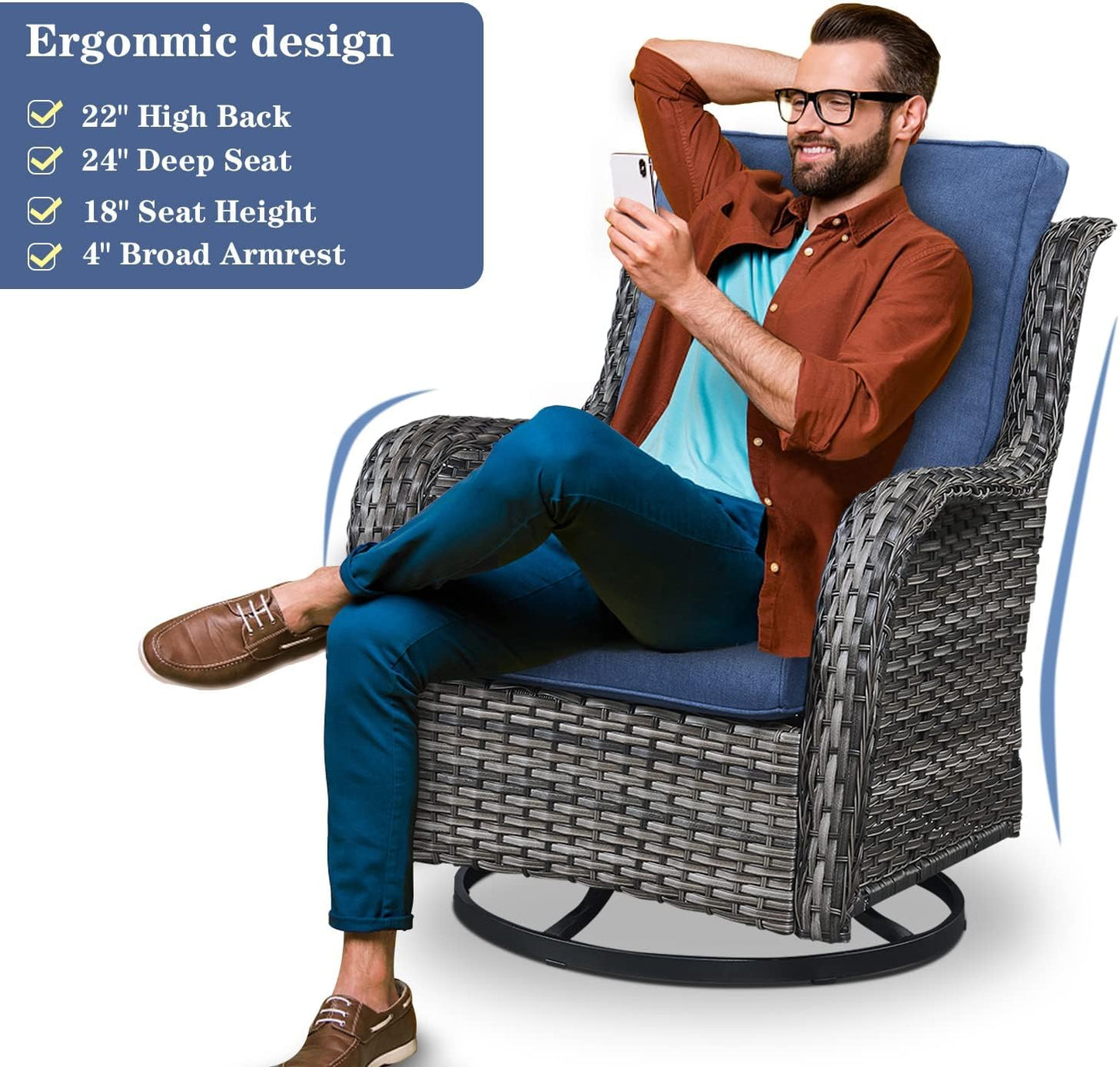 Outdoor Patio Furniture Set with Propane Fire Pit Table, 7 Pieces Wicker Patio Conversation Set with 2 Swivel Glider Rocker Chairs Rattan Sofa Blue Cushion Perfect for Casual Gathering Gray