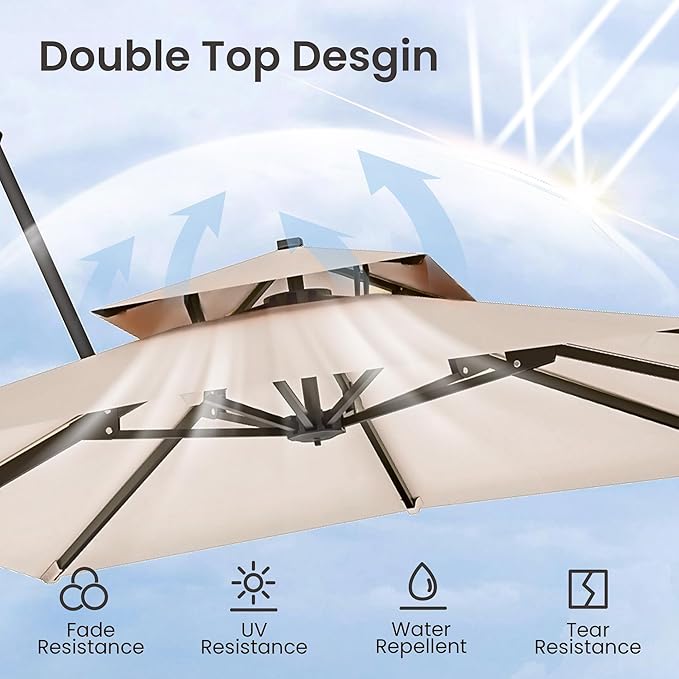 9x12 FT Cantilever Patio Umbrella Double Top Outdoor Rectangular Large Heavy Duty Aluminum Offset Umbrellas with 7 Level Tilt 360-degree Rotation for Pool Garden Deck, Beige