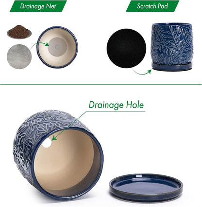 D'vine Dev 6 Inch Embossed Leaves Stoneware Planter Pot with Drainage Hole and Saucer, Midnight Blue, 27-A-X-3