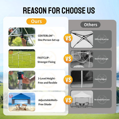 CROWN SHADES Canopy Tent, 10 x 10 Foot Portable Pop Up Outdoor Shelter with 2 Half Sidewalls, 1 Push Center Lock, UV Protection, and Carry Bag, Blue