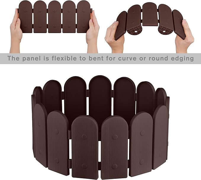 Evelyne Garden Border Plastic Edging: Wooden Fence Design - 8pcs Brown Yard Landscaping Fence Liner Lawn Edge Barrier - 10ft Kit of Decorative Lawn Panels Elements -Landscaping Edging-GMT-10374-A08