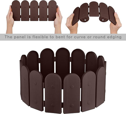 Evelyne Garden Border Plastic Edging: Wooden Fence Design - 16pcs Brown Yard Landscaping Fence Liner Lawn Edge Barrier - 20ft Kit of Decorative Lawn Panels Elements -Landscaping Edging-GMT-10374-A16