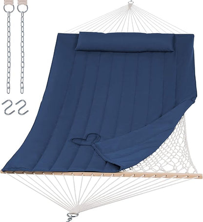 SUNCREAT Hammocks Outdoor Double Hammock with Hardwood Spreader Bar, 475 lbs Capacity, Heavy Duty 15 FT Hammock with Large Soft Pillow, Dark Blue