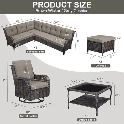 Outdoor Furniture Sectional Sofa L Shaped Couch - Patio Wicker Set with 2 Swivel Glider Chairs, 8 Piece Rattan Patio Conversation Sets with Gray Cushion for Deck Backyard Sunroom Grey Cushion