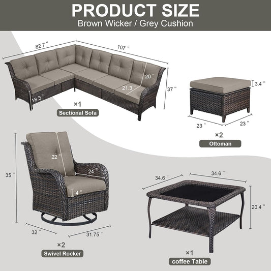 Outdoor Furniture Sectional Sofa L Shaped Couch - Patio Wicker Set with 2 Swivel Glider Chairs, 8 Piece Rattan Patio Conversation Sets with Gray Cushion for Deck Backyard Sunroom Grey Cushion