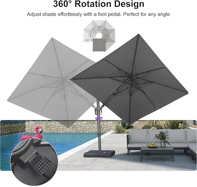 PURPLE LEAF 8' X 10' Swivel Outdoor Patio Aluminum Umbrella with Base Left-right Tilting Cantilever Offset Umbrella with UV Resistant Heavy Duty Fabric for Deck Pool Patio Backyard, Graphite Grey