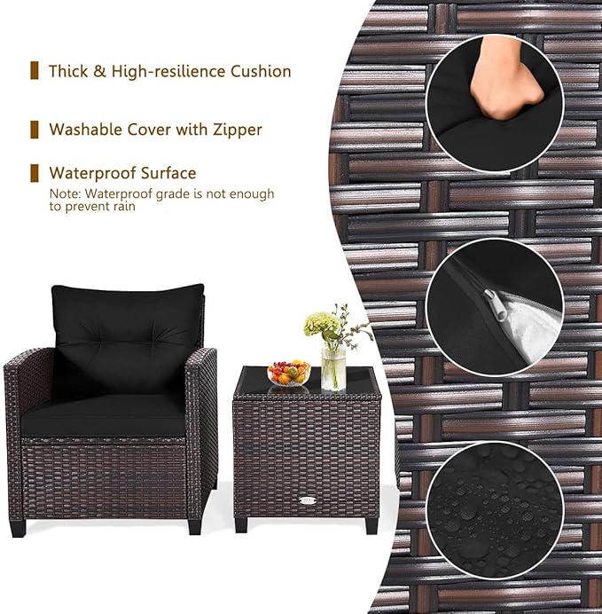 KOTEK 3 Piece Patio Furniture Set, Outdoor Conversation Set with Washable Cushions & Tempered Glass Tabletop, PE Rattan Wicker Bistro Set for Porch, Garden, Balcony (Black)