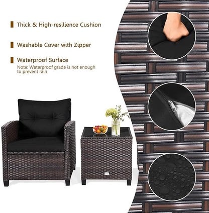 KOTEK 3 Piece Patio Furniture Set, Outdoor Conversation Set with Washable Cushions & Tempered Glass Tabletop, PE Rattan Wicker Bistro Set for Porch, Garden, Balcony (Black)