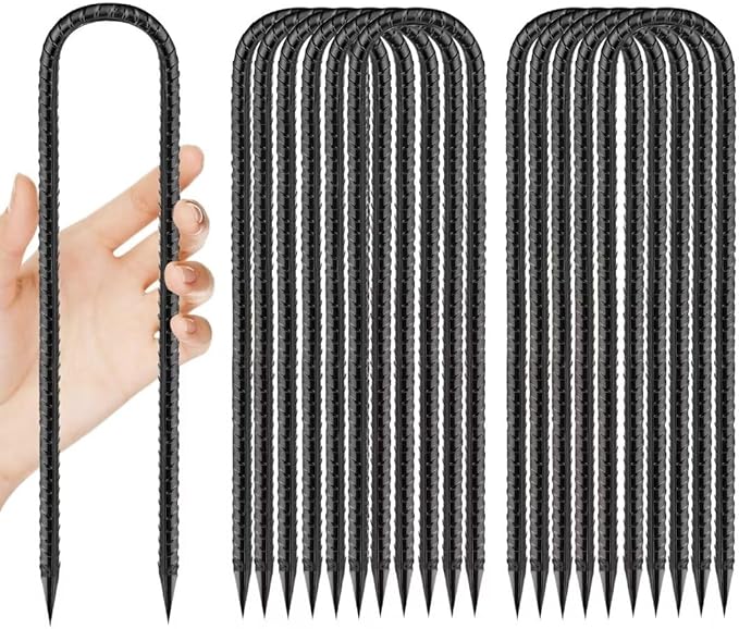 Rebar-Stakes-12-Inch, Ground Stakes Heavy Duty U-Hook Black Coated Anti-Rust Heavy Duty Ground Anchors for Garden Dog Fence Chicken Coop Christmas Decorations Deer Fence 12pcs