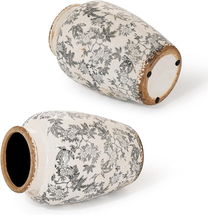 Sungmor Ceramic Flower Vase, Vintage Ice Cracked Glaze Porcelain Vase, Pretty Home Decor Vase for Flower Arrangement, Fresh Flowers, 10.2 Inch Tall Chinoiserie Pottery Vase, Gray Floral Pattern