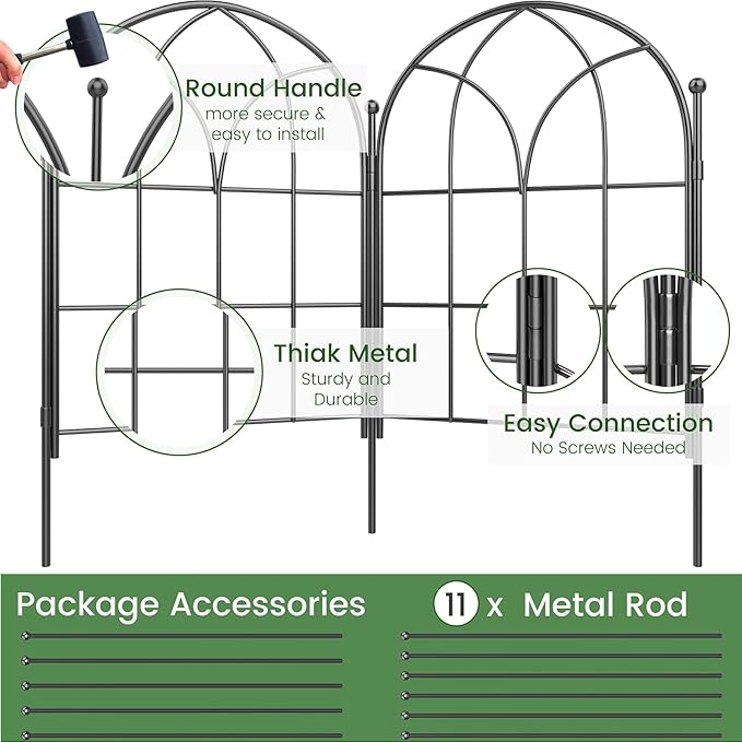 Black Garden Fences Animal Barrier, 12.55"*16.48" Garden Border Fencing, Rustproof Metal No Dig Fence for Dogs, Outdoor Fence, Dog Fencing for Patio, Flower Bed, Farm (Medium 10 Pcs)