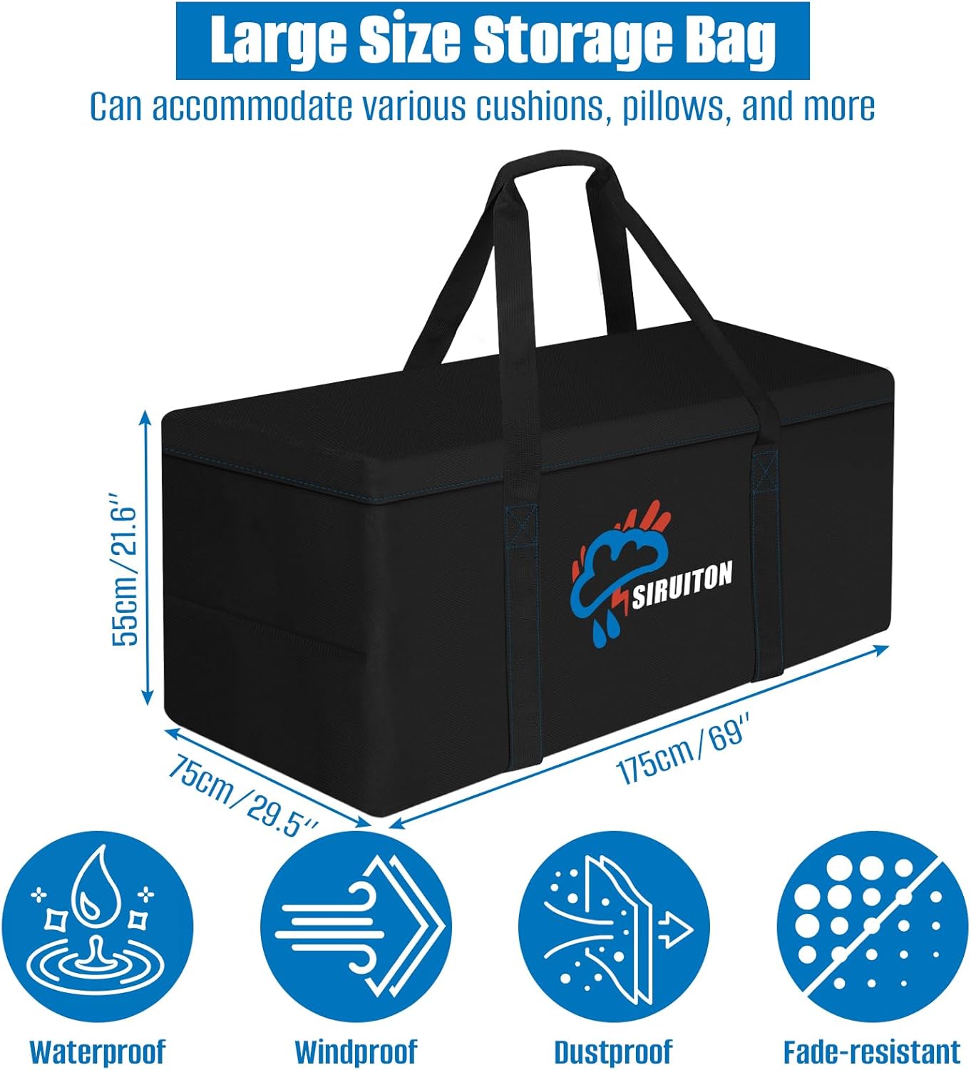 SIRUITON 68.9”L x 29.5”W x 21.6”H Outdoor Cushion Storage Bag,Patio Furniture Cushion Storage Bag,Heavy Duty Rip Proof 600D Oxford,with Handle and Zipper of Waterproof Garden Cushion Storage Covers