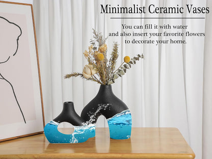 CEMABT Black Ceramic Vase Set of 2 for Modern Minimalist Bohemian Decor，Round Matte Donut Vases for Pampas Grass-Perfect for Living Room, Dining Table, Office Bedroom Shelf Decor Entryway, Console