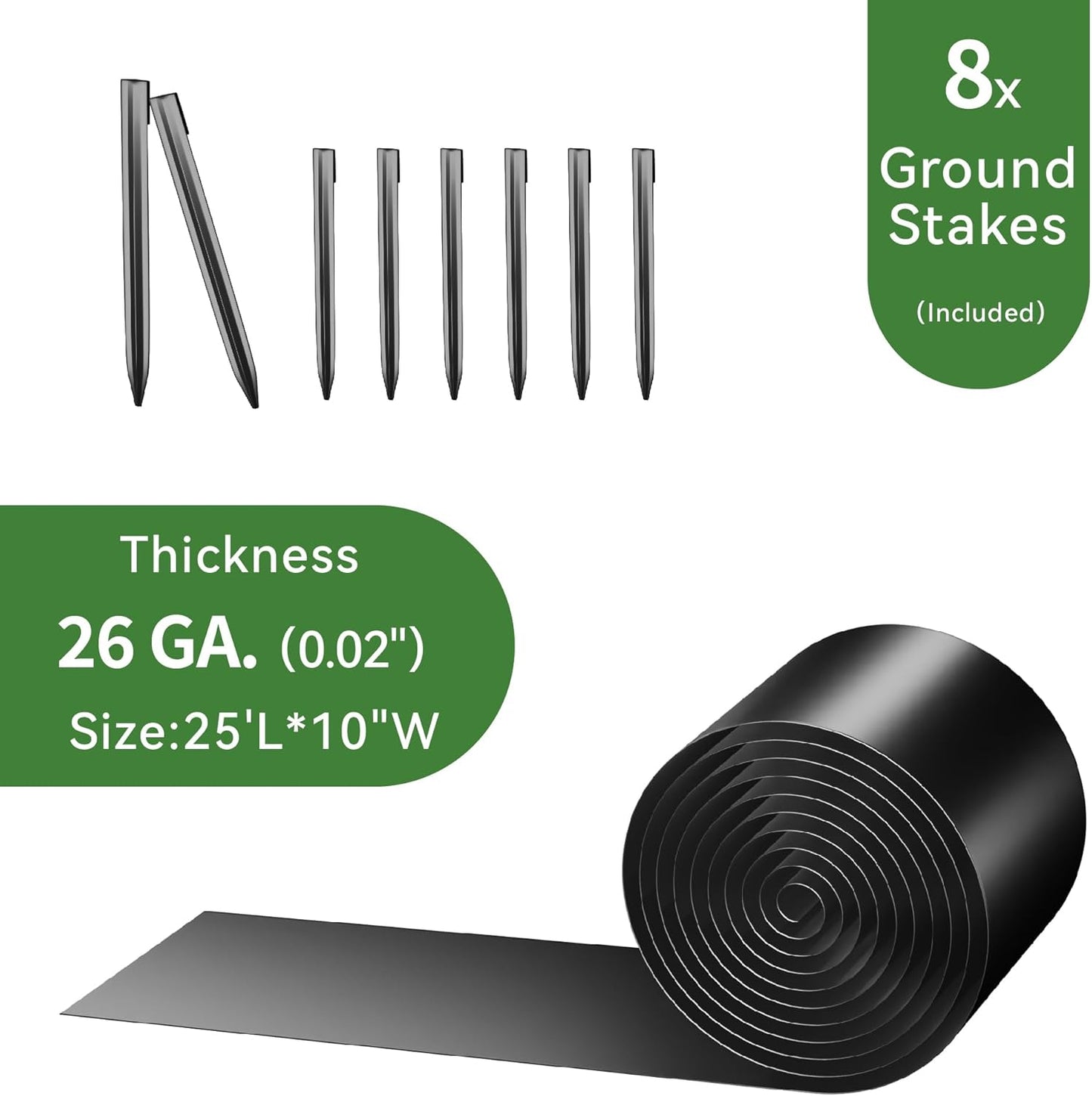 Worth Galvanized Steel Landscape Edging 10" x25' Metal Garden Edging Roll Flexible Bender Border with 8Pcs Stakes for Lawn, Flower Bed Edges, Black